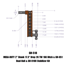 Gen-Y Mega Duty 2in Shank 17.5in Drop 2K TW 16K Hitch w/GH-051 Dual-Ball/GH-0100 Stabilizer Kit - GH-518