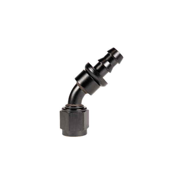 Fleece Performance Universal -6AN 45Deg to Hose Barb - Black - FPE-PL-45-06