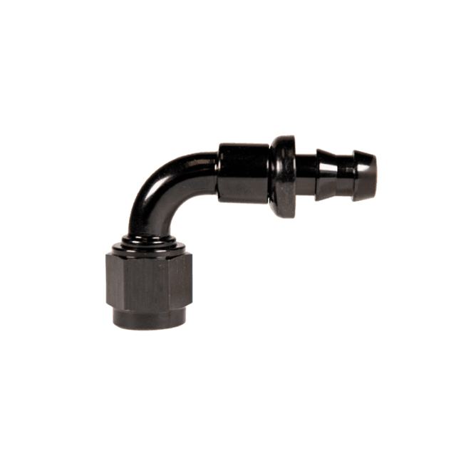Fleece Performance Universal -6AN 90Deg to Hose Barb - Black - FPE-PL-90-06