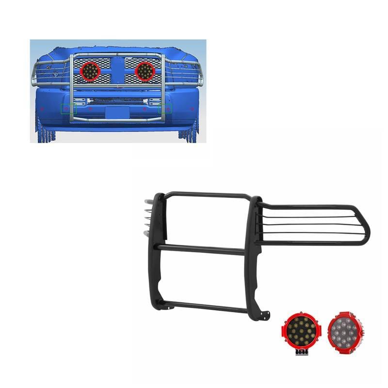 Black Horse Off Road Grille Guard With Set of 7.0" Red Trim Rings LED Flood Lights-Black-2500/3500 - 17DR01MA-PLR