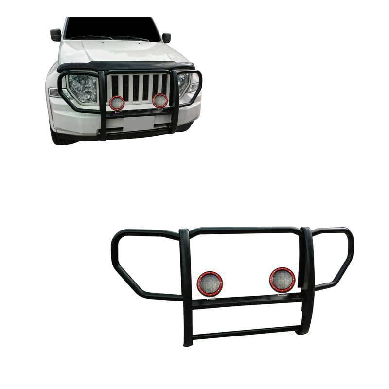 Black Horse Off Road Grille Guard With Set of 5.3" Red Trim Rings LED Flood Lights Black for 2008-2012 Jeep Liberty - 17A086400A-PLFR