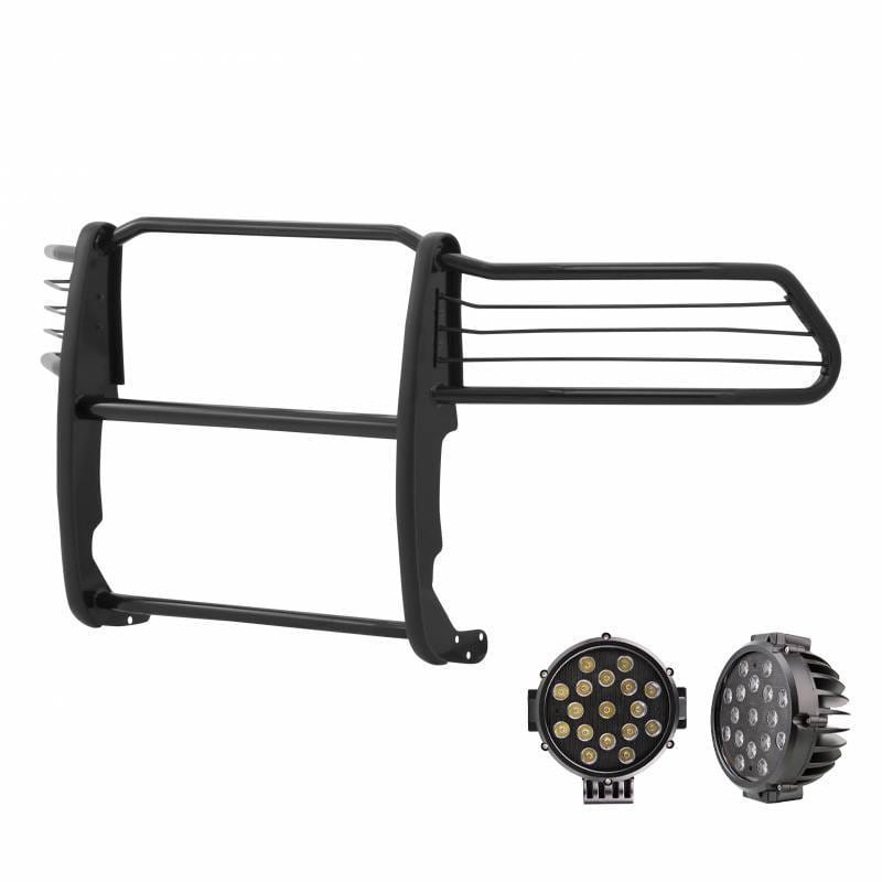 Black Horse Off Road Grille Guard With Set of 7.0" Black Trim Rings LED Flood Lights-Black-2500/3500 - 17DR01MA-PLB