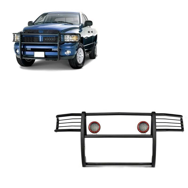 Black Horse Off Road Grille Guard With Set of 5.3" Red Trim Rings LED Flood Lights-Black-Ram 1500/Ram 2500/Ram 3500 - 17DG105MA-PLFR