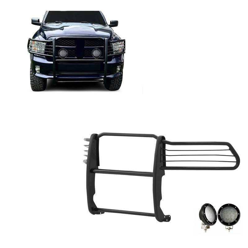Black Horse Off Road Grille Guard With Set of 5.3".Black Trim Rings LED Flood Lights Black for Ram 1500/1500/1500 Classic - 17DG109MA-PLFB