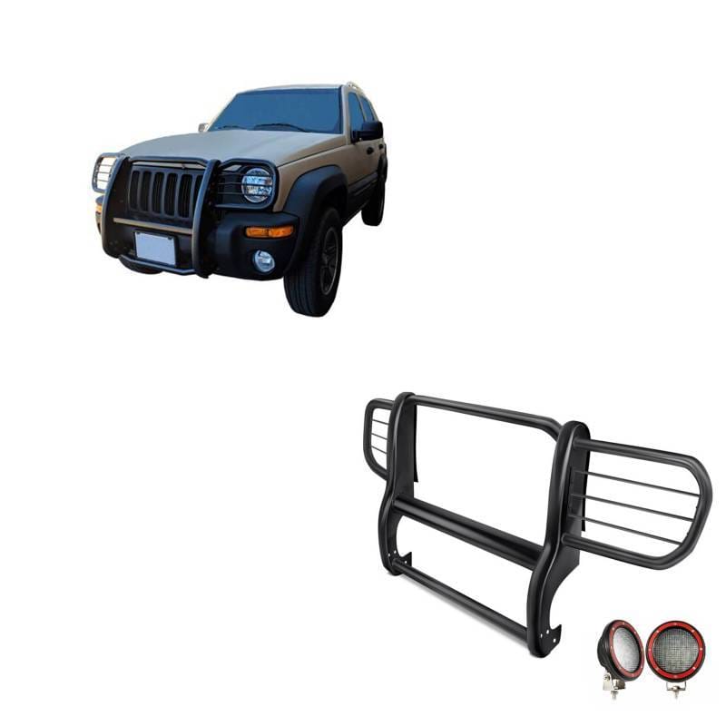 Black Horse Off Road Grille Guard With Set of 5.3" Red Trim Rings LED Flood Lights Black for 2002-2007 Jeep Liberty - 17EH26MA-PLFR