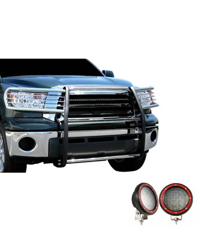 Black Horse Off Road Grille Guard With Set of 5.3" Red Trim Rings LED Flood Lights Stainless Steel for Sequoia/Tundra - 17A098900MSS-PLFR
