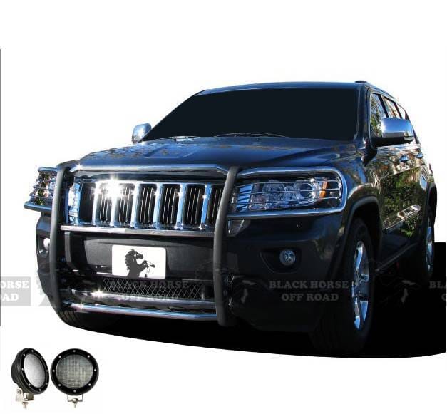 Black Horse Off Road Grille Guard With Set of 5.3".Black Trim Rings LED Flood Lights Stainless Steel for 2011-2021 Jeep Grand Cherokee - 17A080202MSS-PLFB