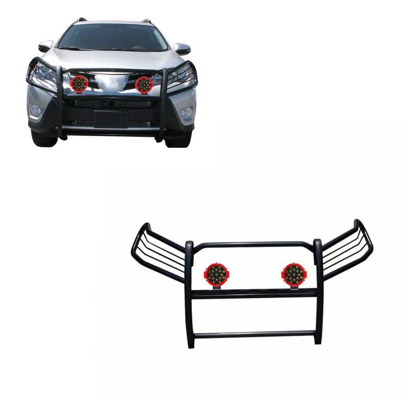 Black Horse Off Road Grille Guard With Set of 7.0" Red Trim Rings LED Flood Lights Black for 2006-2018 Toyota RAV4 - 17A093902MA-PLR
