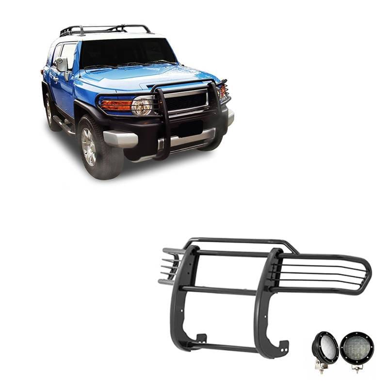 Black Horse Off Road Grille Guard With Set of 5.3".Black Trim Rings LED Flood Lights Black for 2007-2014 Toyota FJ Cruiser - 17A098600MA-PLFB