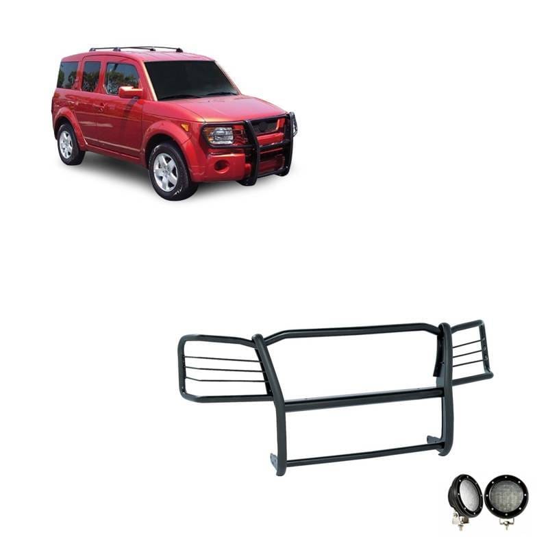 Black Horse Off Road Grille Guard With Set of 5.3".Black Trim Rings LED Flood Lights Black for 2003-2008 Honda Element - 17A155900MA-PLFB