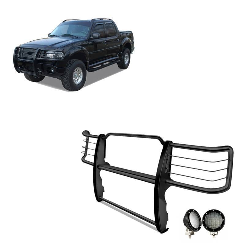 Black Horse Off Road Grille Guard With Set of 5.3".Black Trim Rings LED Flood Lights Black for Explorer/Mountaineer - 17F80218MA-PLFB
