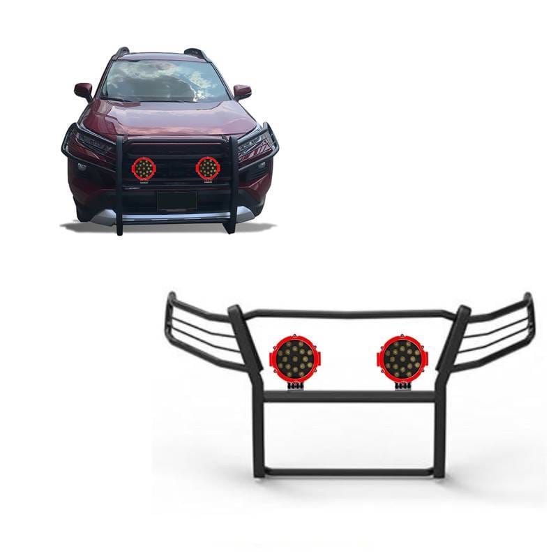 Black Horse Off Road Grille Guard With Set of 7.0" Red Trim Rings LED Flood Lights Black for 2019-2024 Toyota RAV4 - 17A093904MA-PLR