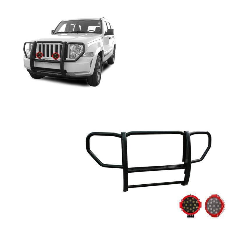 Black Horse Off Road Grille Guard With Set of 7.0" Red Trim Rings LED Flood Lights Black for 2008-2012 Jeep Liberty - 17A086400A-PLR