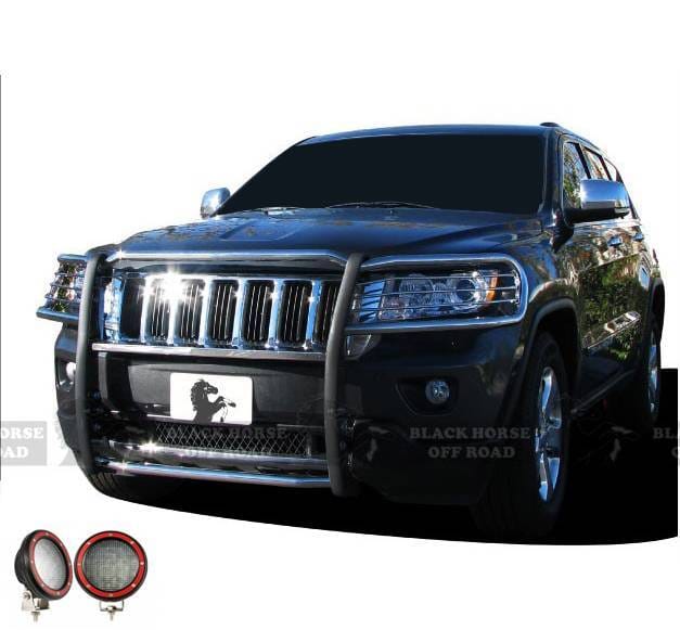 Black Horse Off Road Grille Guard With Set of 5.3" Red Trim Rings LED Flood Lights Stainless Steel for 2011-2021 Jeep Grand Cherokee - 17A080202MSS-PLFR