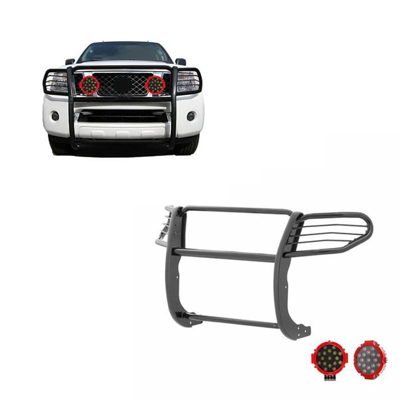 Black Horse Off Road Grille Guard With Set of 7.0" Red Trim Rings LED Flood Lights Black for Frontier/Pathfinder - 17A110200MA-PLR