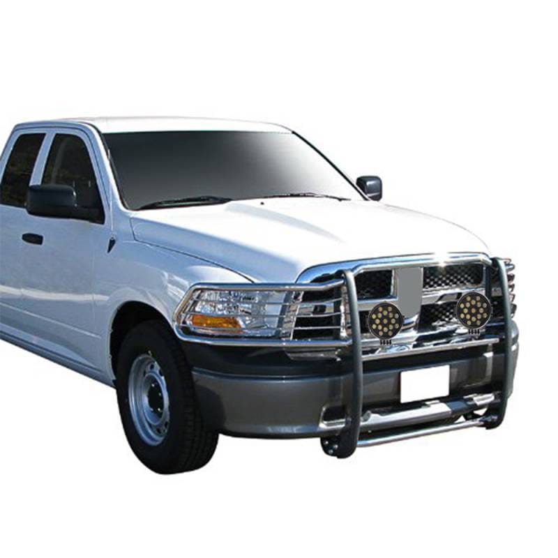 Black Horse Off Road Grille Guard With Set of 7.0" Black Trim Rings LED Flood Lights Stainless Steel for Ram 1500/1500/1500 Classic - 17DG109MSS-PLB