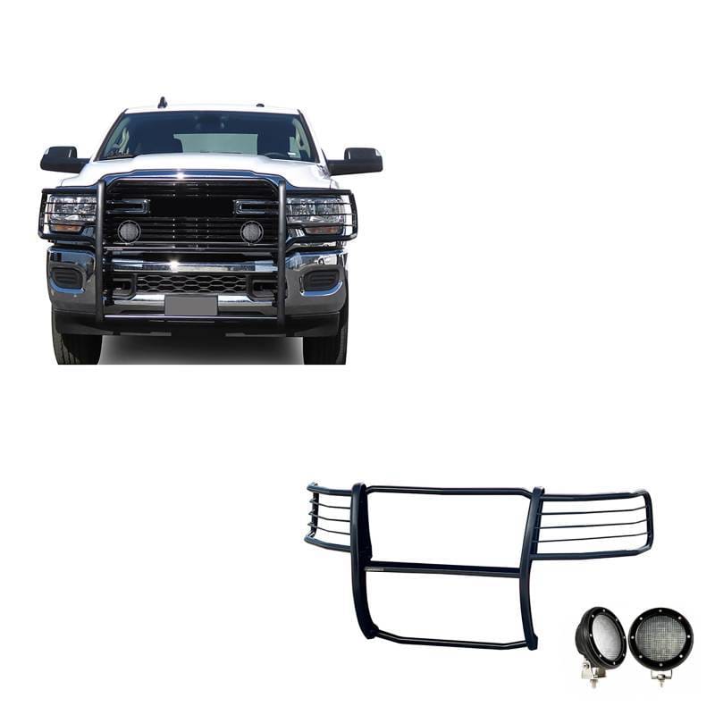 Black Horse Off Road Grille Guard With Set of 5.3".Black Trim Rings LED Flood Lights Black for 2500/3500 - 17DG113MA-PLFB