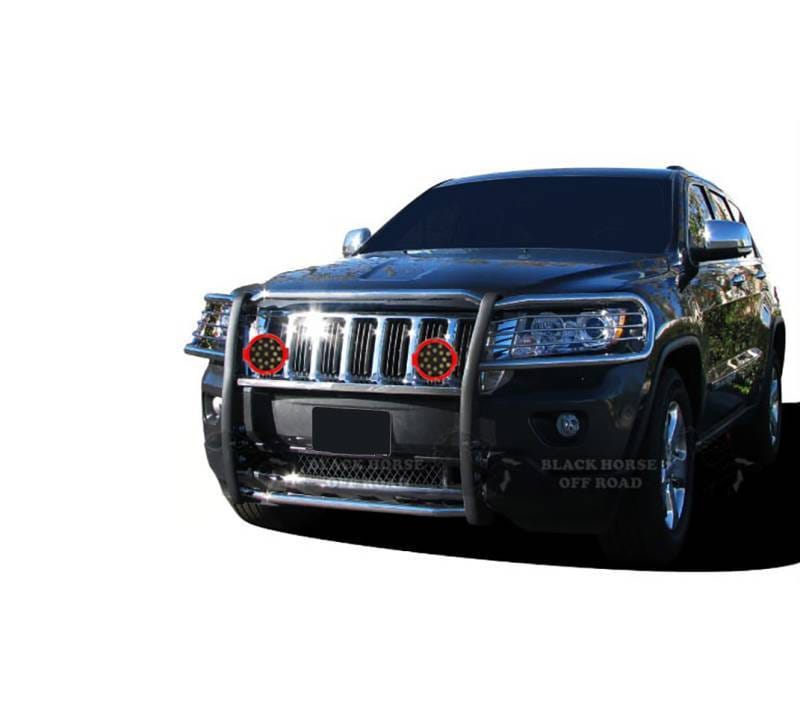 Black Horse Off Road Grille Guard With Set of 7.0" Red Trim Rings LED Flood Lights Stainless Steel for 2011-2021 Jeep Grand Cherokee - 17A080202MSS-PLR