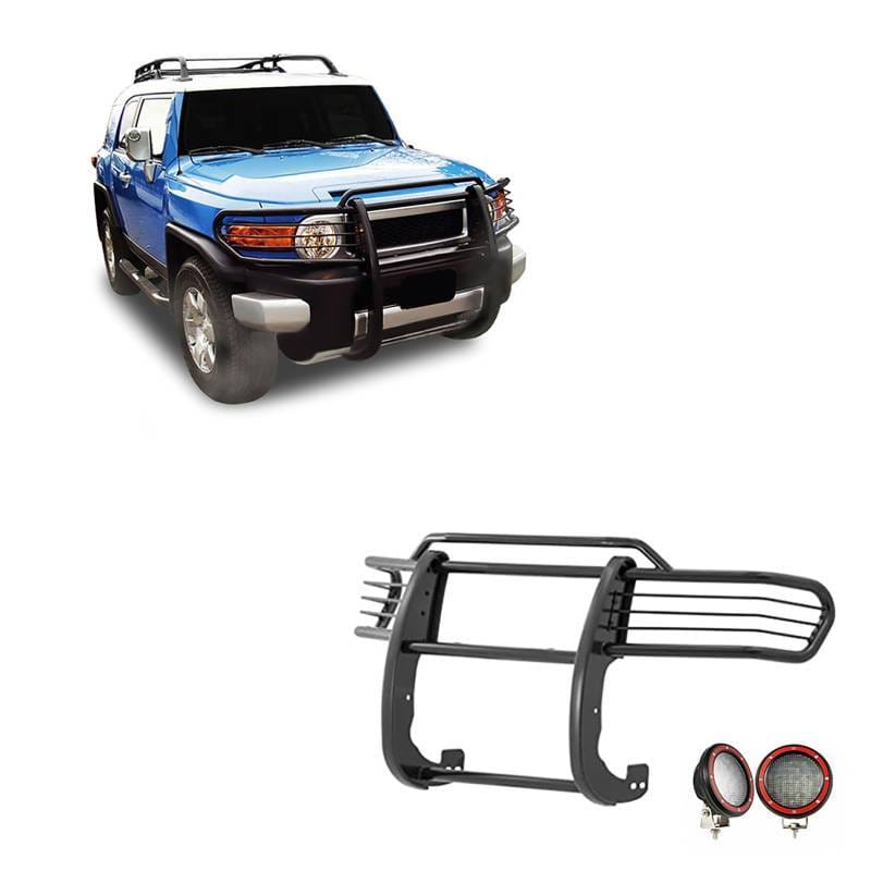 Black Horse Off Road Grille Guard With Set of 5.3" Red Trim Rings LED Flood Lights Black for 2007-2014 Toyota FJ Cruiser - 17A098600MA-PLFR