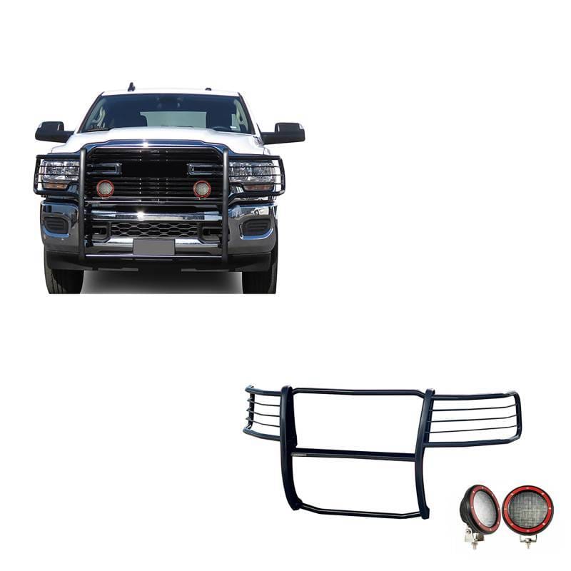 Black Horse Off Road Grille Guard With Set of 5.3" Red Trim Rings LED Flood Lights Black for 2500/3500 - 17DG113MA-PLFR