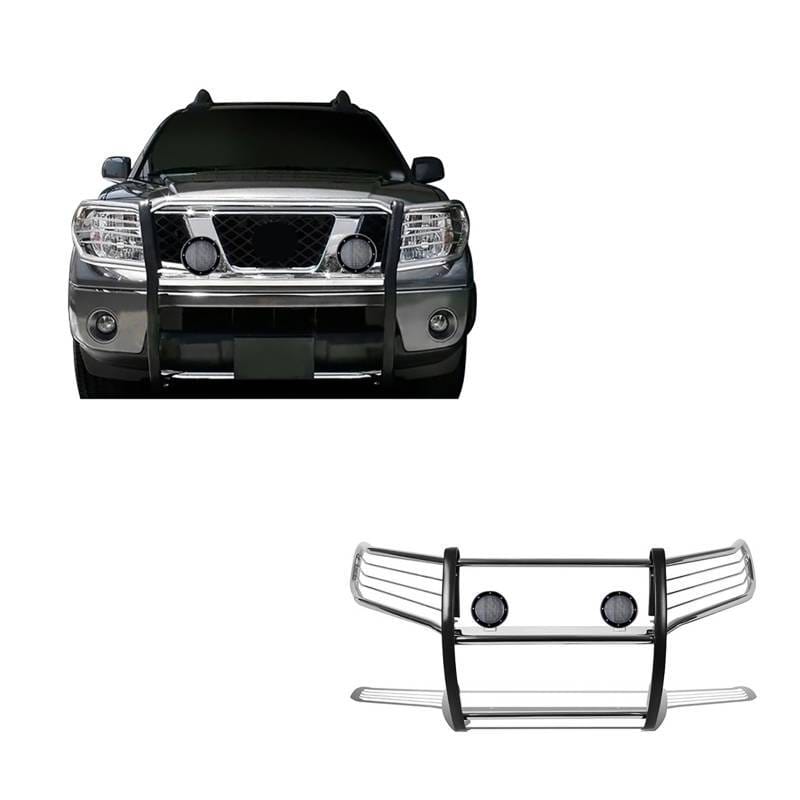 Black Horse Off Road Grille Guard With Set of 5.3".Black Trim Rings LED Flood Lights Stainless Steel for Frontier/Pathfinder - 17A110200MSS-PLFB