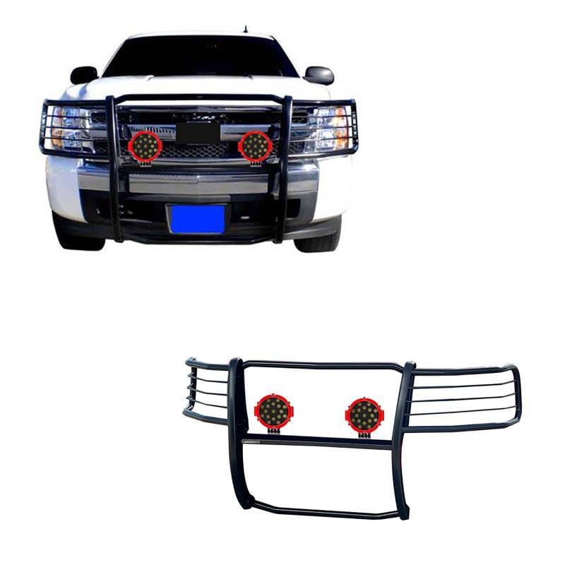 Black Horse Off Road Grille Guard With Set of 7.0" Red Trim Rings LED Flood Lights Black for Avalanche/Suburban 1500/Tahoe - 17A037400MA-PLR