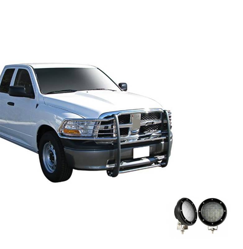 Black Horse Off Road Grille Guard With Set of 5.3".Black Trim Rings LED Flood Lights Stainless Steel for Ram 1500/1500/1500 Classic - 17DG109MSS-PLFB