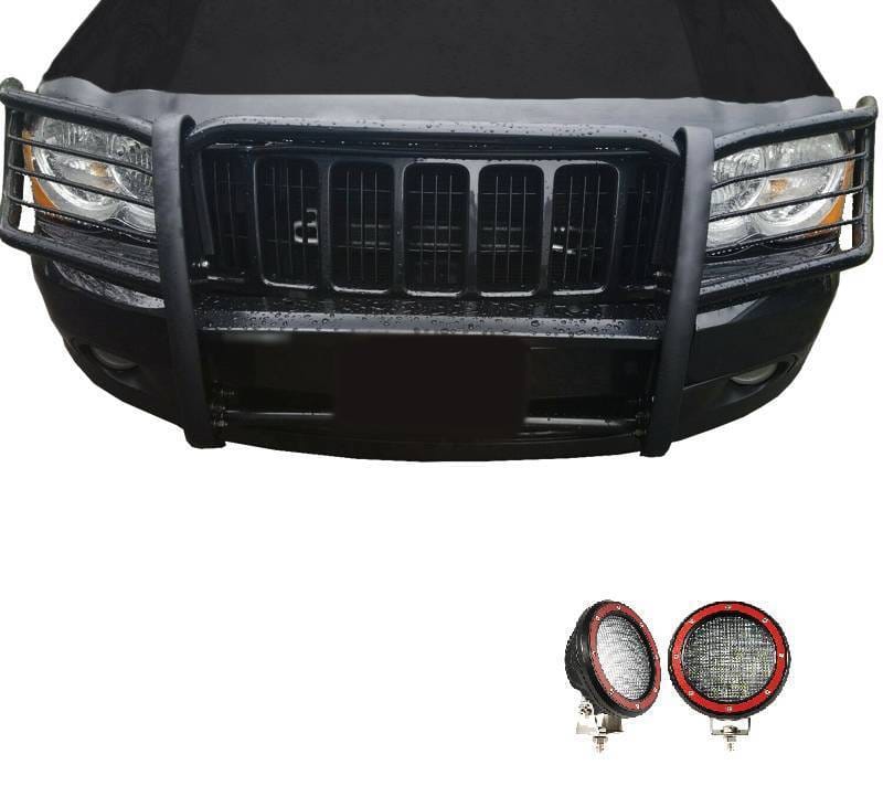 Black Horse Off Road Grille Guard With Set of 5.3" Red Trim Rings LED Flood Lights Black for 2005-2010 Jeep Grand Cherokee - 17A080200MA-PLFR