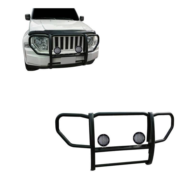 Black Horse Off Road Grille Guard With Set of 5.3".Black Trim Rings LED Flood Lights Black for 2008-2012 Jeep Liberty - 17A086400A-PLFB