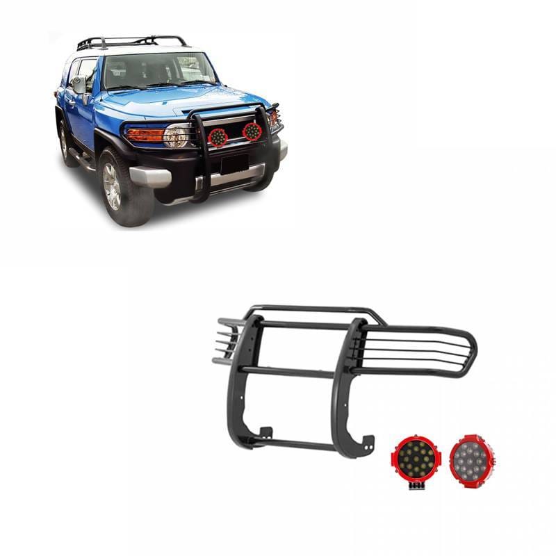 Black Horse Off Road Grille Guard With Set of 7.0" Red Trim Rings LED Flood Lights Black for 2007-2014 Toyota FJ Cruiser - 17A098600MA-PLR