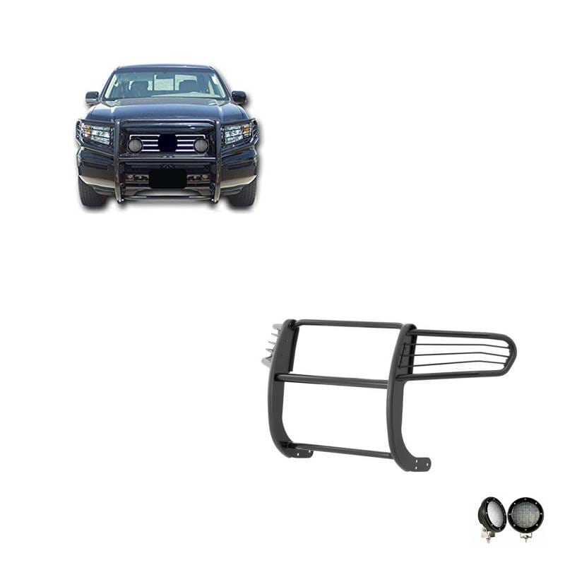 Black Horse Off Road Grille Guard With Set of 5.3".Black Trim Rings LED Flood Lights Black for 2006-2014 Honda Ridgeline - 17A152500A1MA-PLFB