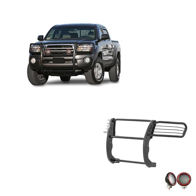Black Horse Off Road Grille Guard With Set of 5.3" Red Trim Rings LED Flood Lights Black for 2005-2015 Toyota Tacoma - 17A096400MA-PLFR