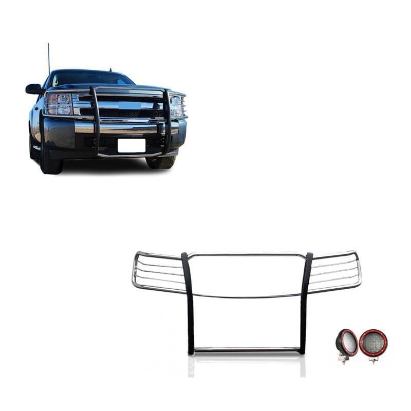 Black Horse Off Road Grille Guard With Set of 5.3" Red Trim Rings LED Flood Lights Stainless Steel for 2007-2013 Chevrolet Silverado 1500 - 17A035700A2MSS-PLFR
