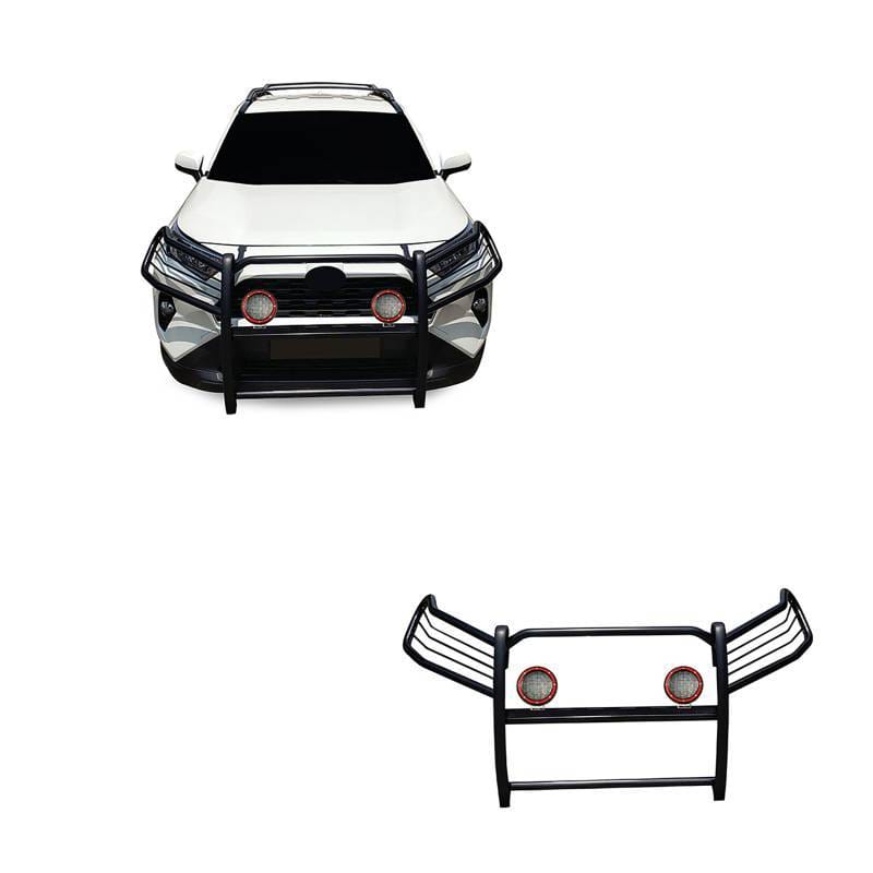 Black Horse Off Road Grille Guard With Set of 5.3" Red Trim Rings LED Flood Lights Black for 2019-2024 Toyota RAV4 - 17A093904MA-PLFR