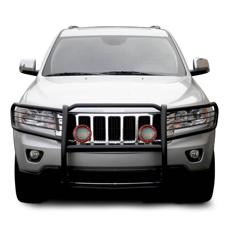 Black Horse Off Road Grille Guard With Set of 5.3" Red Trim Rings LED Flood Lights Black for 2011-2021 Jeep Grand Cherokee - 17A080202MA-PLFR