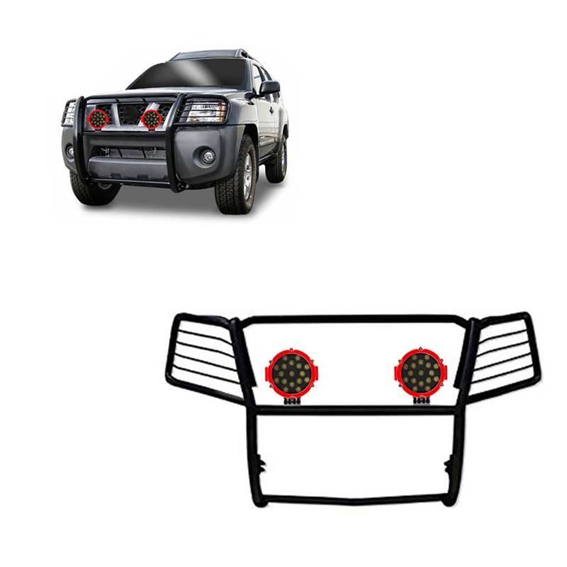 Black Horse Off Road Grille Guard With Set of 7.0" Red Trim Rings LED Flood Lights Black for 2005-2015 Nissan Xterra - 17A112100MA-PLR