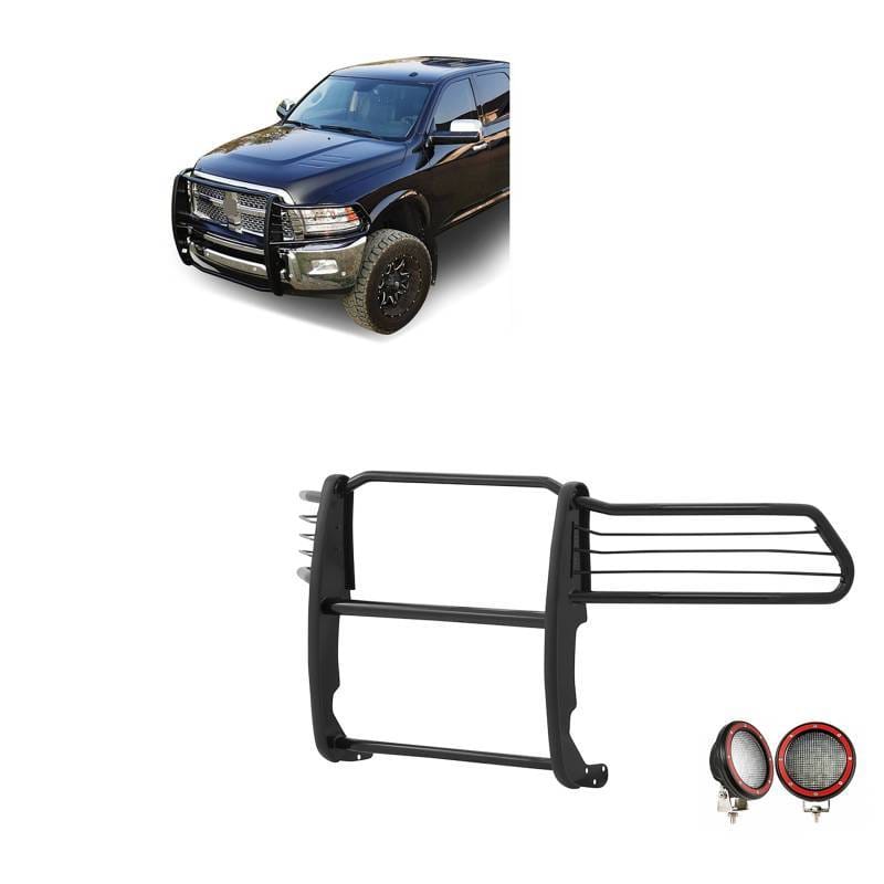 Black Horse Off Road Grille Guard With Set of 5.3" Red Trim Rings LED Flood Lights-Black-2500/3500 - 17DR01MA-PLFR