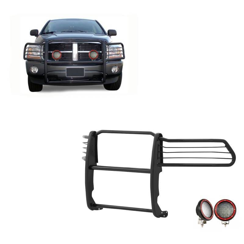 Black Horse Off Road Grille Guard With Set of 5.3" Red Trim Rings LED Flood Lights Black for Ram 1500/Ram 2500/Ram 3500 - 17DG100MA-PLFR