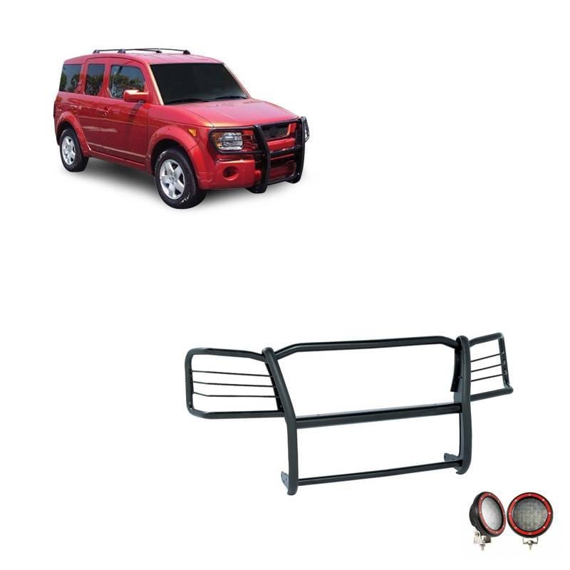 Black Horse Off Road Grille Guard With Set of 5.3" Red Trim Rings LED Flood Lights Black for 2003-2008 Honda Element - 17A155900MA-PLFR