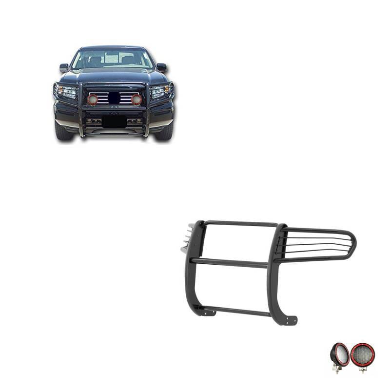 Black Horse Off Road Grille Guard With Set of 5.3" Red Trim Rings LED Flood Lights Black for 2006-2014 Honda Ridgeline - 17A152500A1MA-PLFR