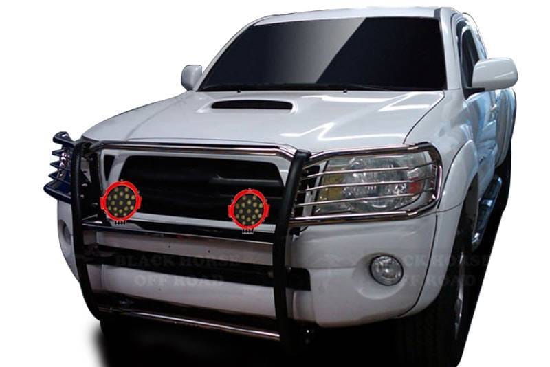 Black Horse Off Road Grille Guard With Set of 7.0" Red Trim Rings LED Flood Lights Stainless Steel for 2005-2015 Toyota Tacoma - 17A096400MSS-PLR