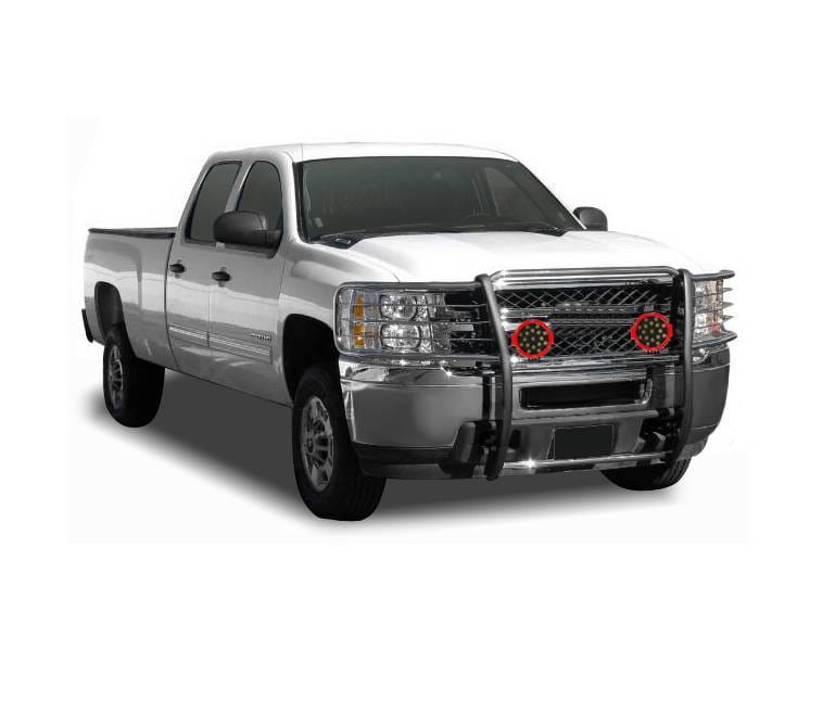Black Horse Off Road Grille Guard With Set of 7.0" Red Trim Rings LED Flood Lights Stainless Steel for 2007-2013 Chevrolet Silverado 1500 - 17A035700A2MSS-PLR