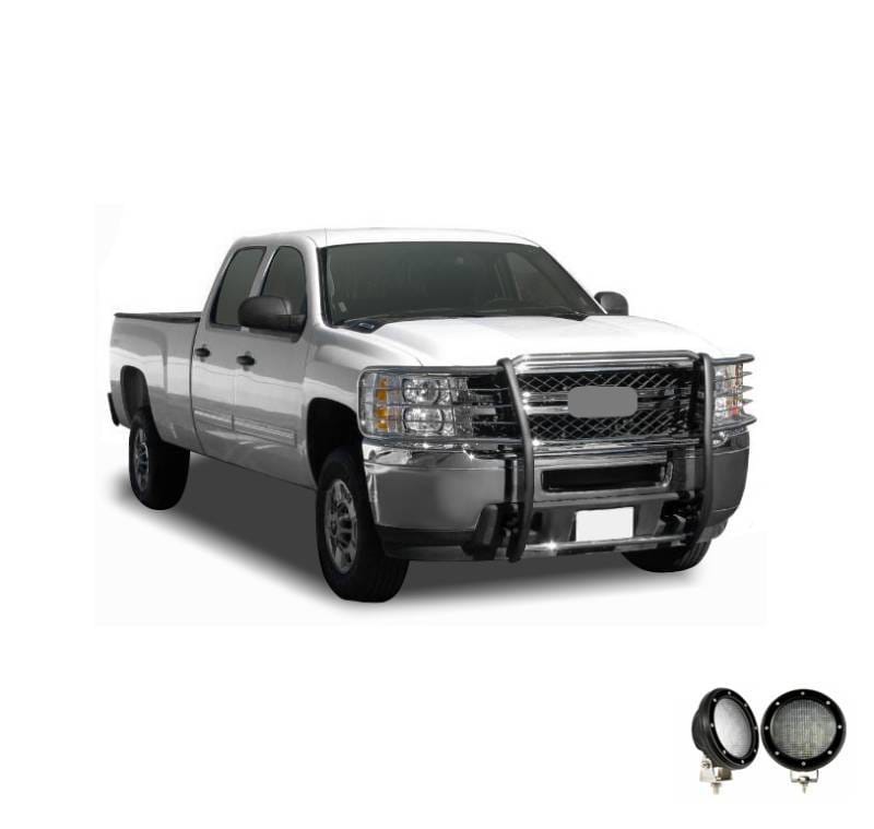 Black Horse Off Road Grille Guard With Set of 5.3".Black Trim Rings LED Flood Lights Stainless Steel for 2007-2013 Chevrolet Silverado 1500 - 17A035700A2MSS-PLFB