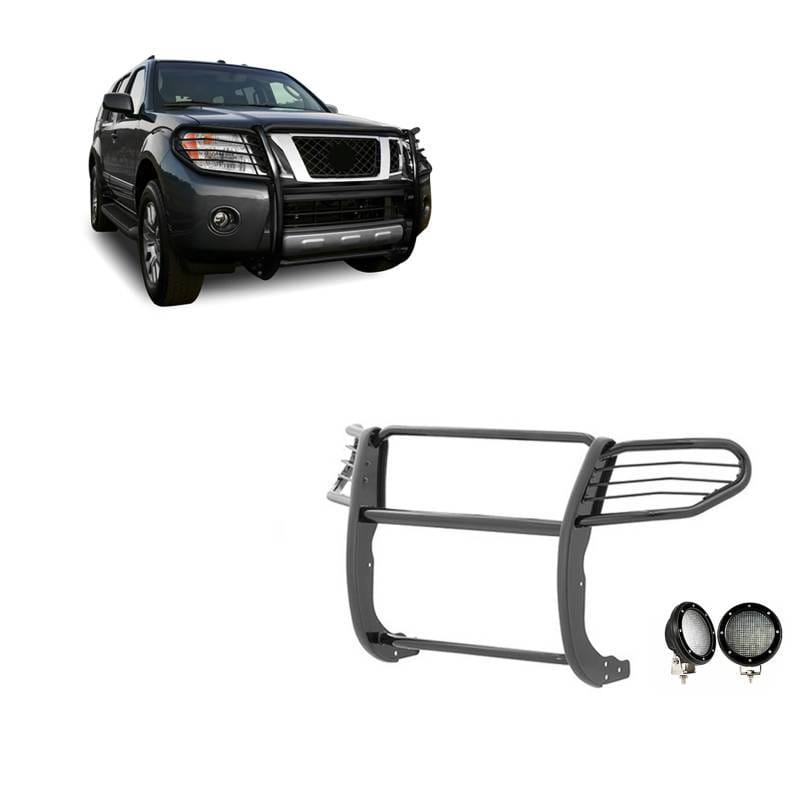 Black Horse Off Road Grille Guard With Set of 5.3".Black Trim Rings LED Flood Lights Black for Frontier/Pathfinder - 17A110200MA-PLFB