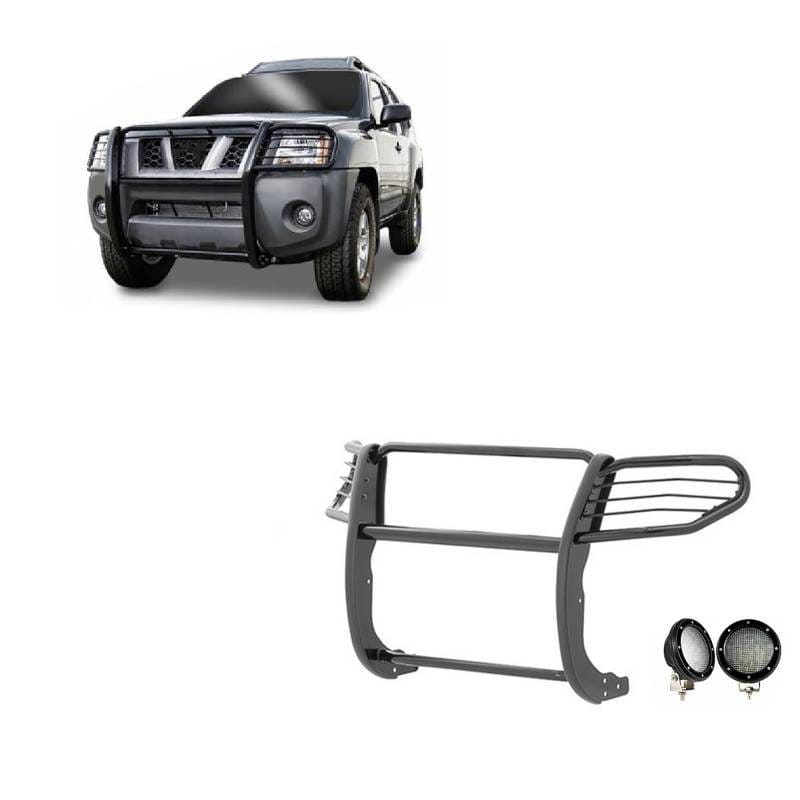 Black Horse Off Road Grille Guard With Set of 5.3".Black Trim Rings LED Flood Lights Black for 2005-2015 Nissan Xterra - 17A112100MA-PLFB