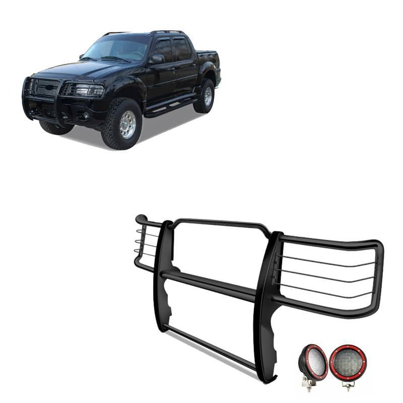 Black Horse Off Road Grille Guard With Set of 5.3" Red Trim Rings LED Flood Lights Black for Explorer/Mountaineer - 17F80218MA-PLFR
