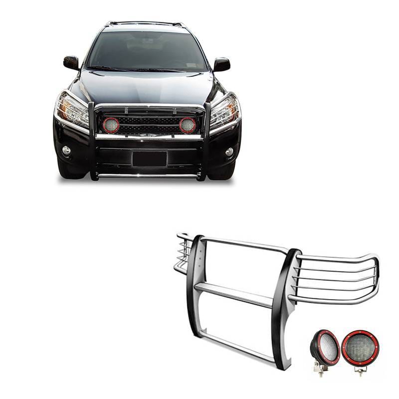 Black Horse Off Road Grille Guard With Set of 5.3" Red Trim Rings LED Flood Lights Stainless Steel for 2006-2018 Toyota RAV4 - 17A093902MSS-PLFR