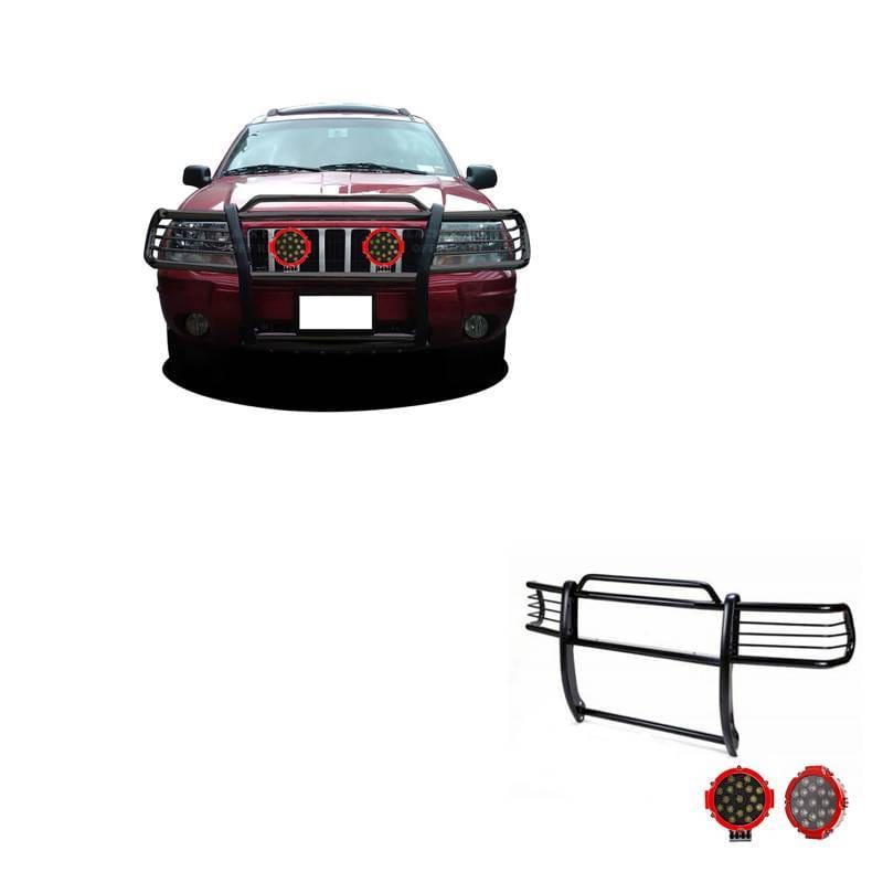 Black Horse Off Road Grille Guard With Set of 7.0" Red Trim Rings LED Flood Lights Black for 1999-2004 Jeep Grand Cherokee - 17EB26MA-PLR