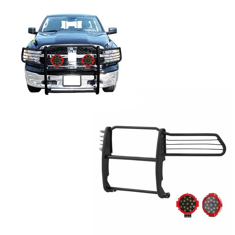 Black Horse Off Road Grille Guard With Set of 7.0" Red Trim Rings LED Flood Lights Black for Ram 1500/1500/1500 Classic - 17DG109MA-PLR