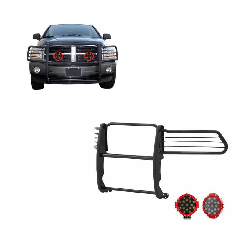 Black Horse Off Road Grille Guard With Set of 7.0" Red Trim Rings LED Flood Lights-Black-Ram 1500/Ram 2500/Ram 3500 - 17DG105MA-PLR
